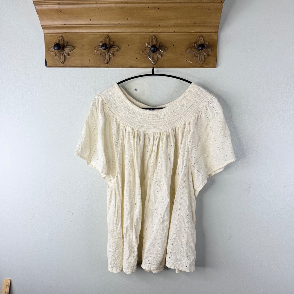 Old Navy Eyelet Blouse Cream XXL Smocked Embroidered Peasant Top